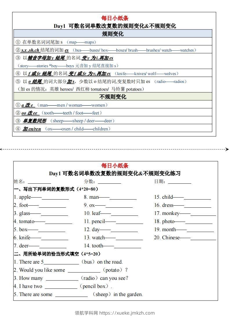 合并版小学语法每日小纸条-领航学科网