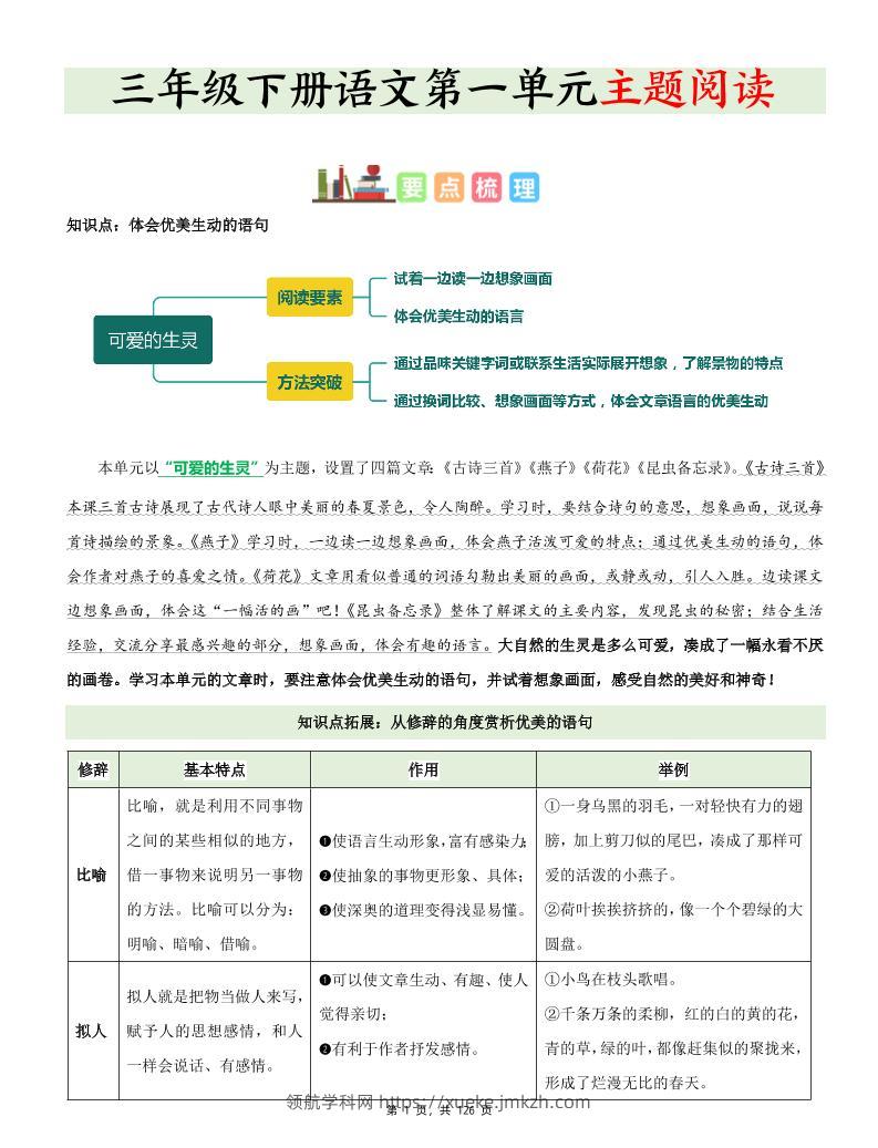 三下语文1-8单元《主题阅读》知识梳理+精选阅读理解（含答案126页）-领航学科网