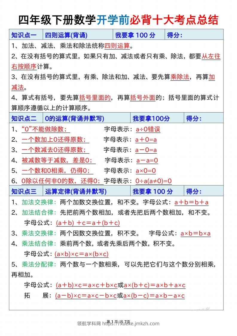 四下数学必背十大考点总结7页-领航学科网