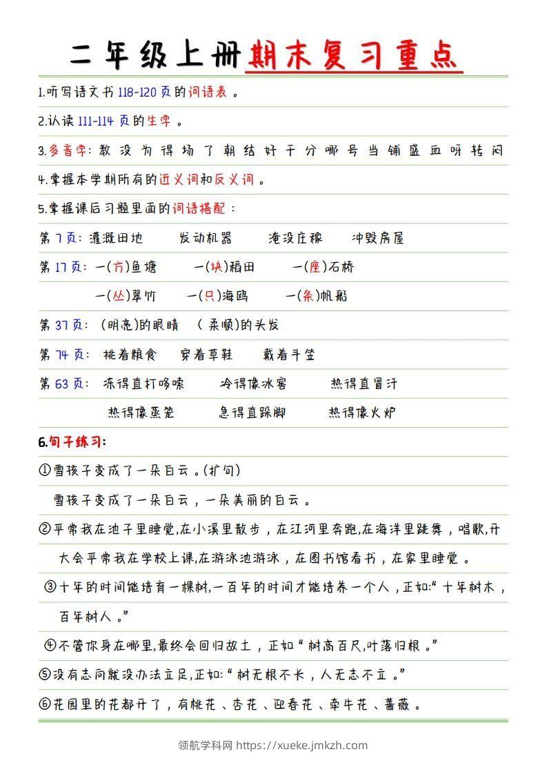 【复习重点点】二上语文-领航学科网