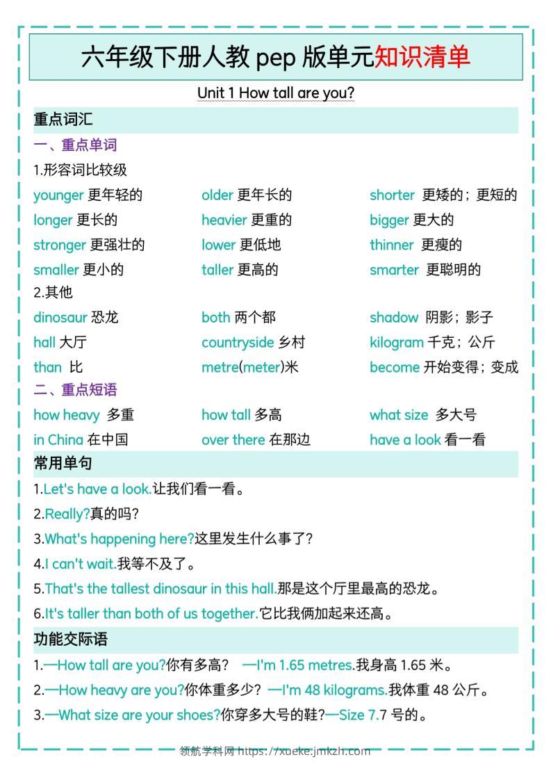 六下英语人教pep版单元知识清单-领航学科网
