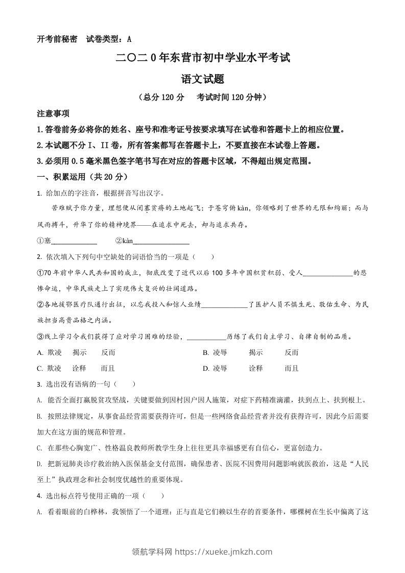 山东省东营市2020年中考语文试题（空白卷）-领航学科网
