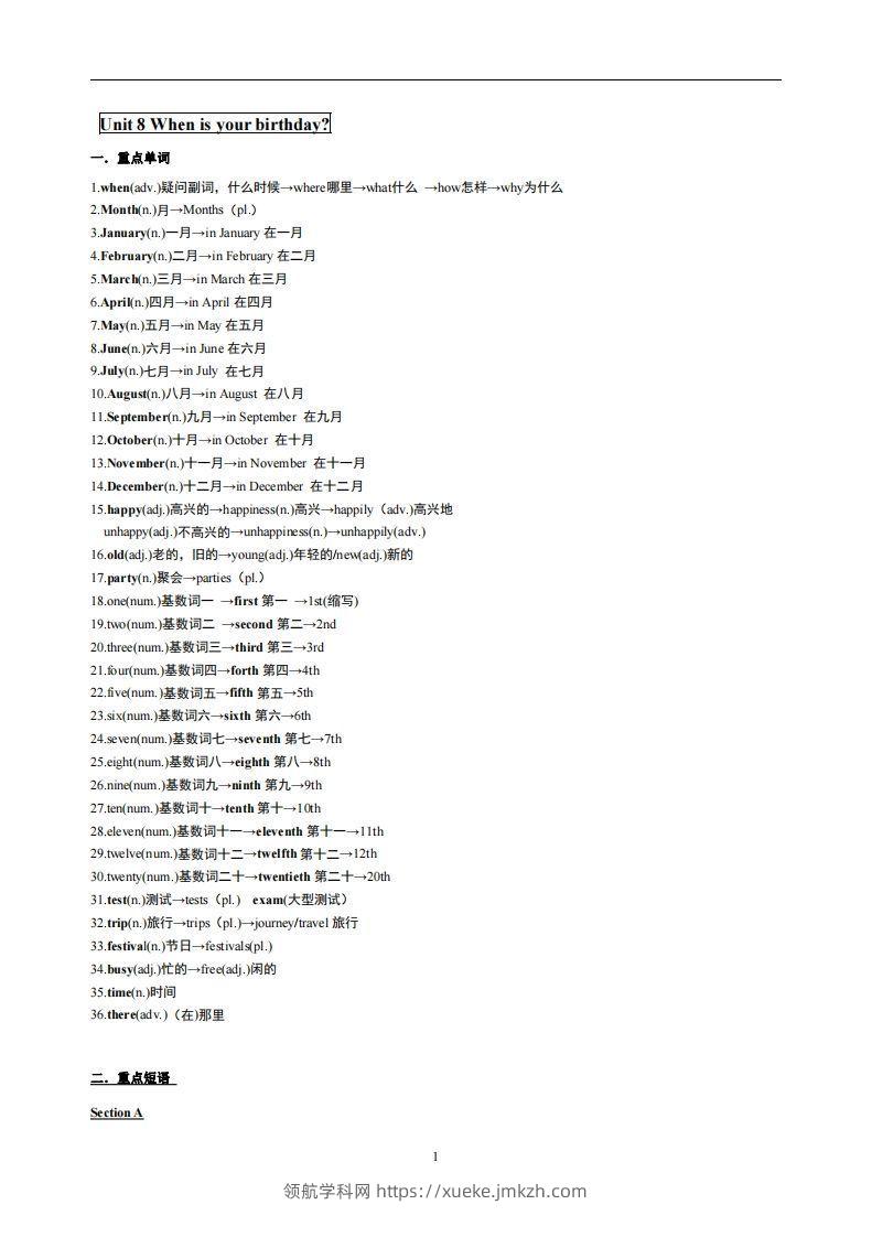 8.人教版七年级上英语Unit8复习提纲-领航学科网