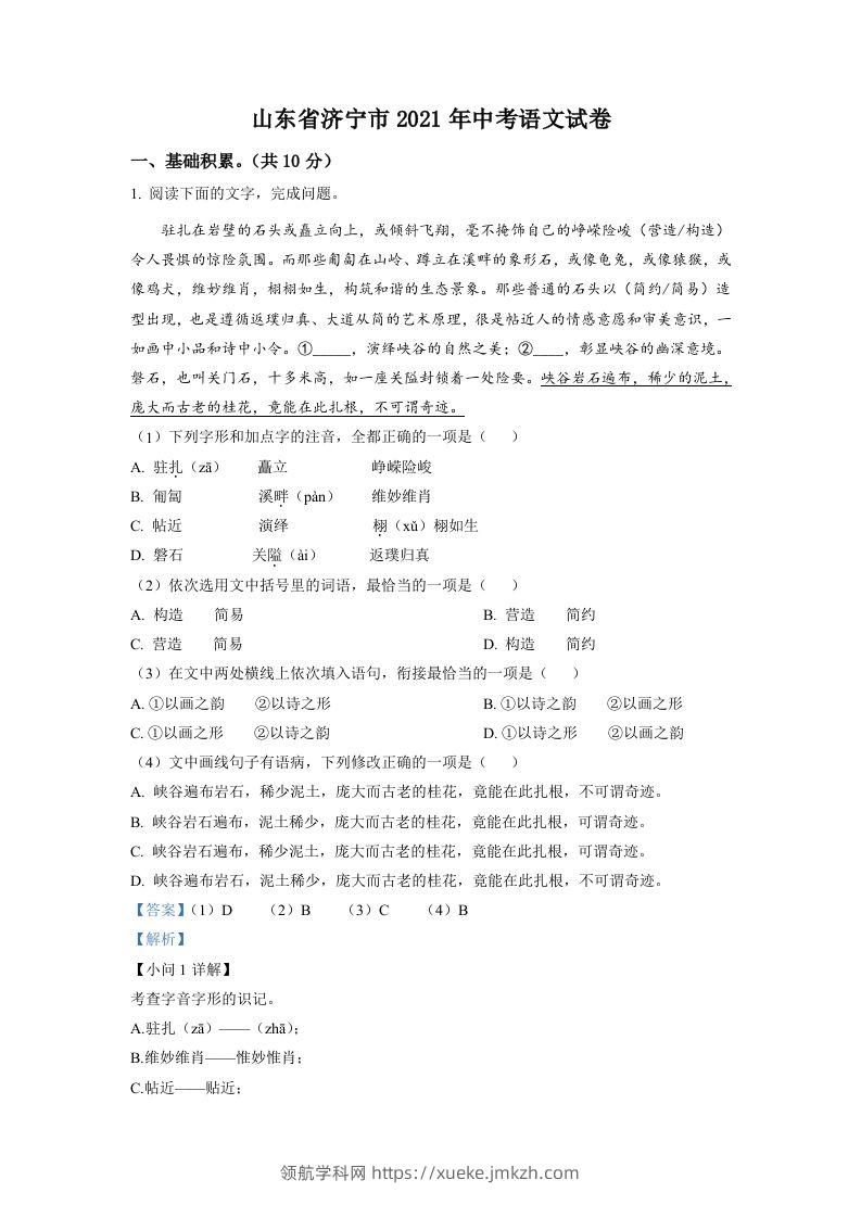山东省济宁市2021年中考语文试题（含答案）-领航学科网