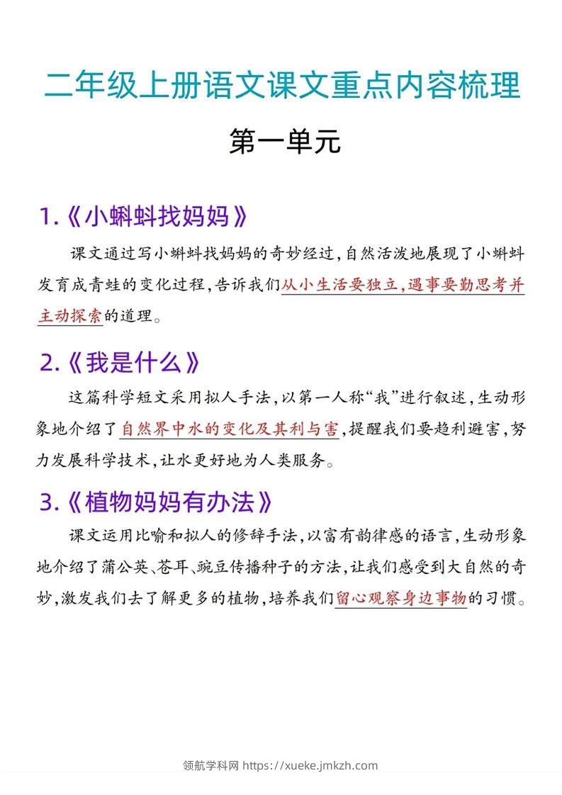 二年级语文上册课文重点内容梳理-领航学科网