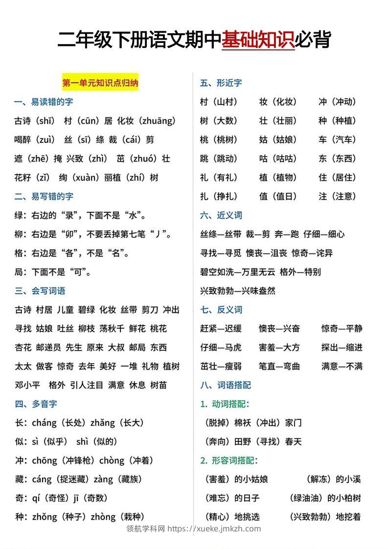 二年级下册期中基础知识必背-领航学科网