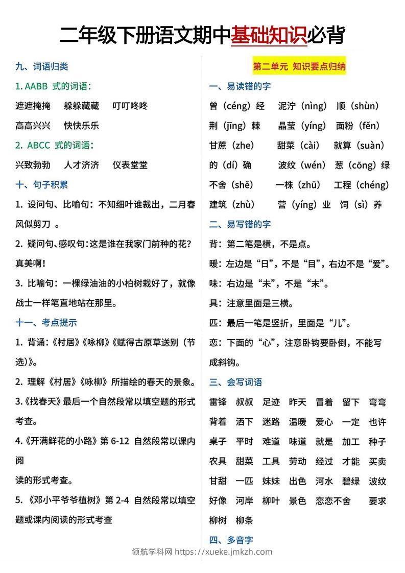 图片[2]-二年级下册期中基础知识必背-领航学科网