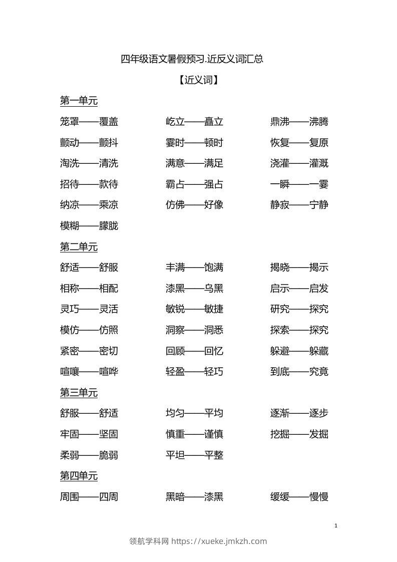 四（上）语文各单元近义词与反义词汇总-领航学科网