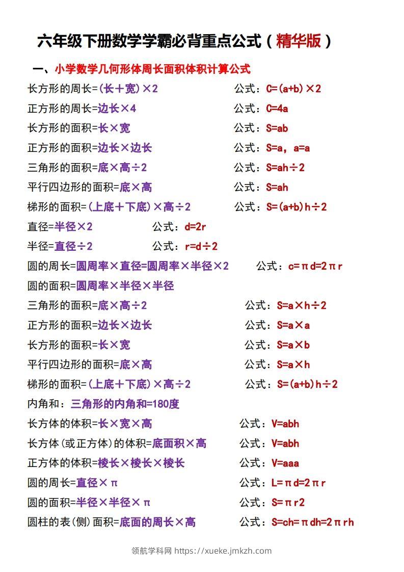 六下数学学霸必背重点公式-领航学科网