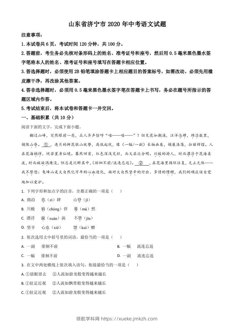 山东省济宁市2020年中考语文试题（空白卷）-领航学科网
