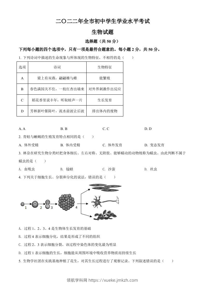 2022年山东省聊城市中考生物真题（空白卷）-领航学科网