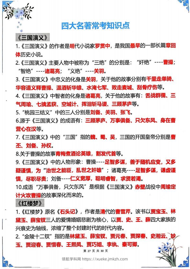 五年级下册语文四大名著常考知识点-领航学科网