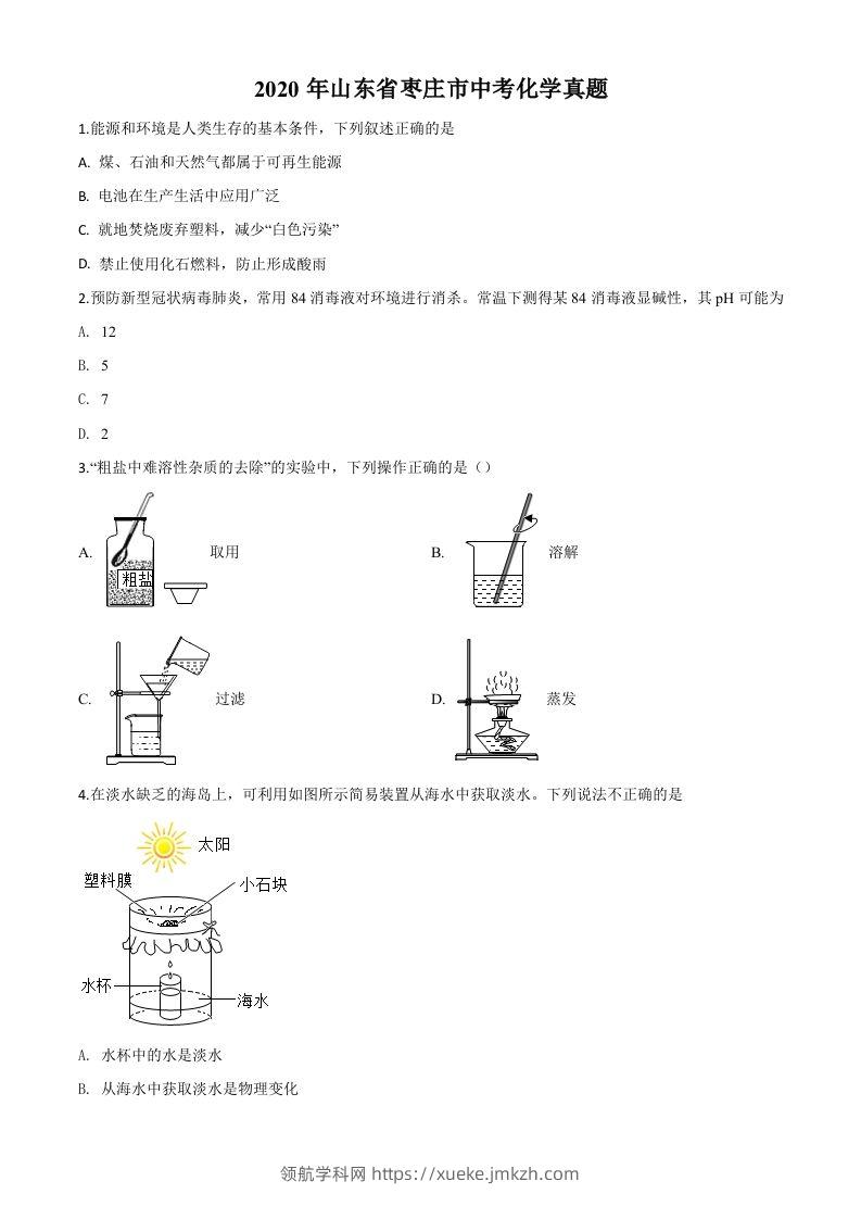 山东省枣庄市2020年中考化学试题（空白卷）-领航学科网
