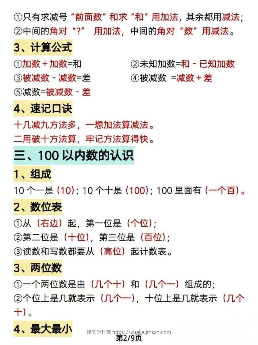 图片[2]-数学一年级下册必背知识点汇总（简洁版）-领航学科网