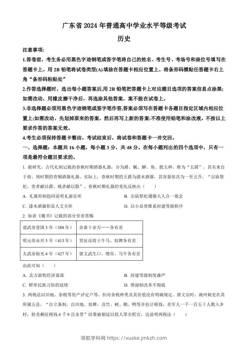 2024年高考历史试卷（广东）（空白卷）-领航学科网