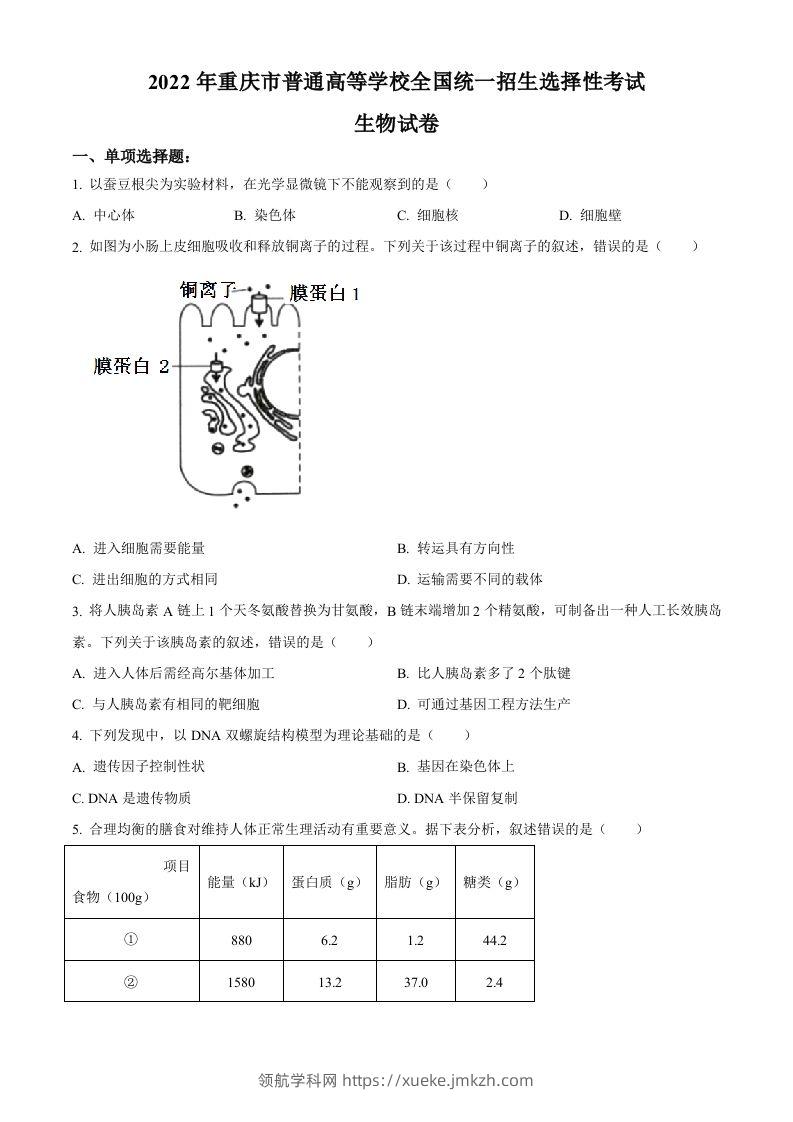 2022年高考生物试卷（重庆）（空白卷）-领航学科网