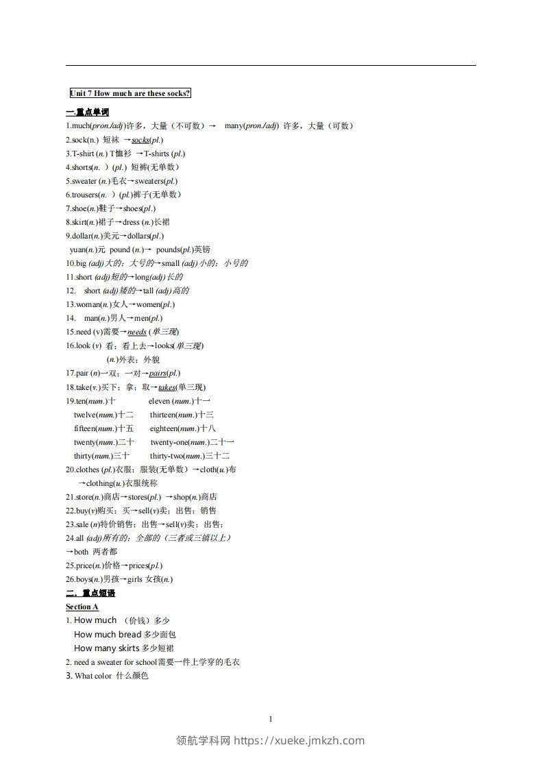 7.人教版七年级上英语Unit7复习提纲-领航学科网