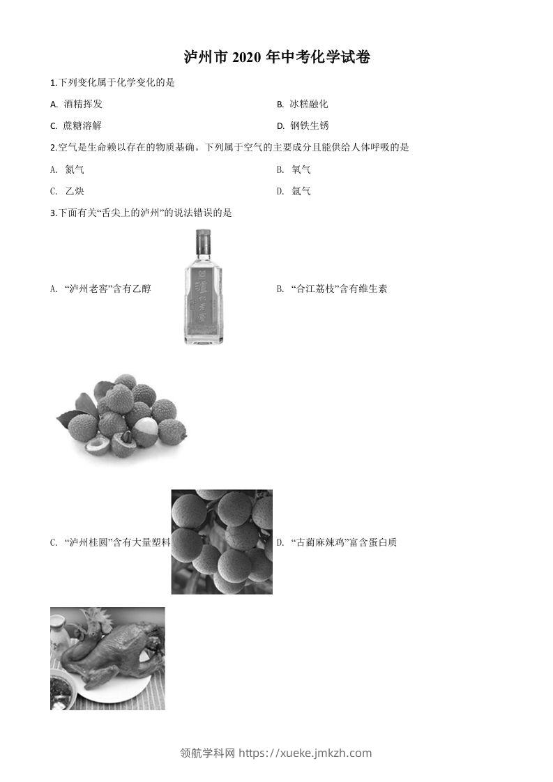四川省泸州市2020年中考化学试题（空白卷）-领航学科网