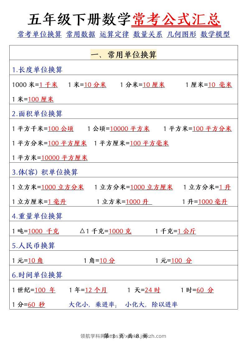 五下数学（通用版）常考公式汇总-领航学科网