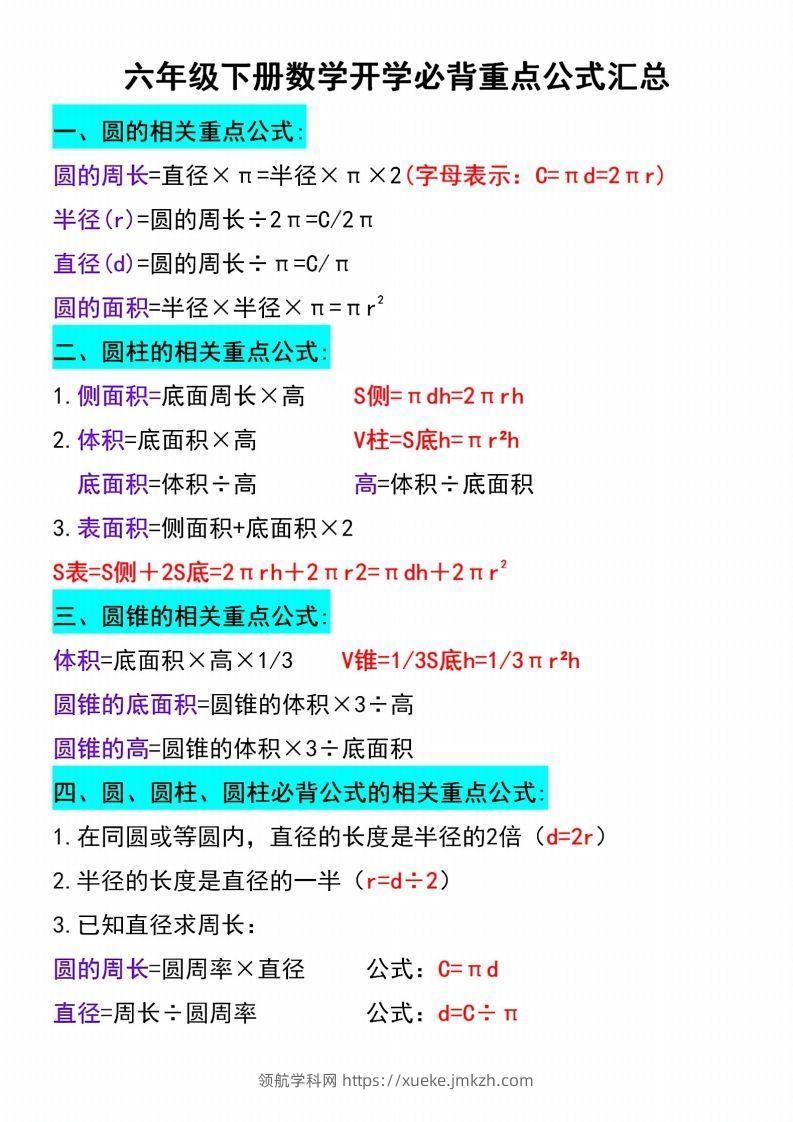 六年级下册数学开学必背重点公式汇总(1)-领航学科网