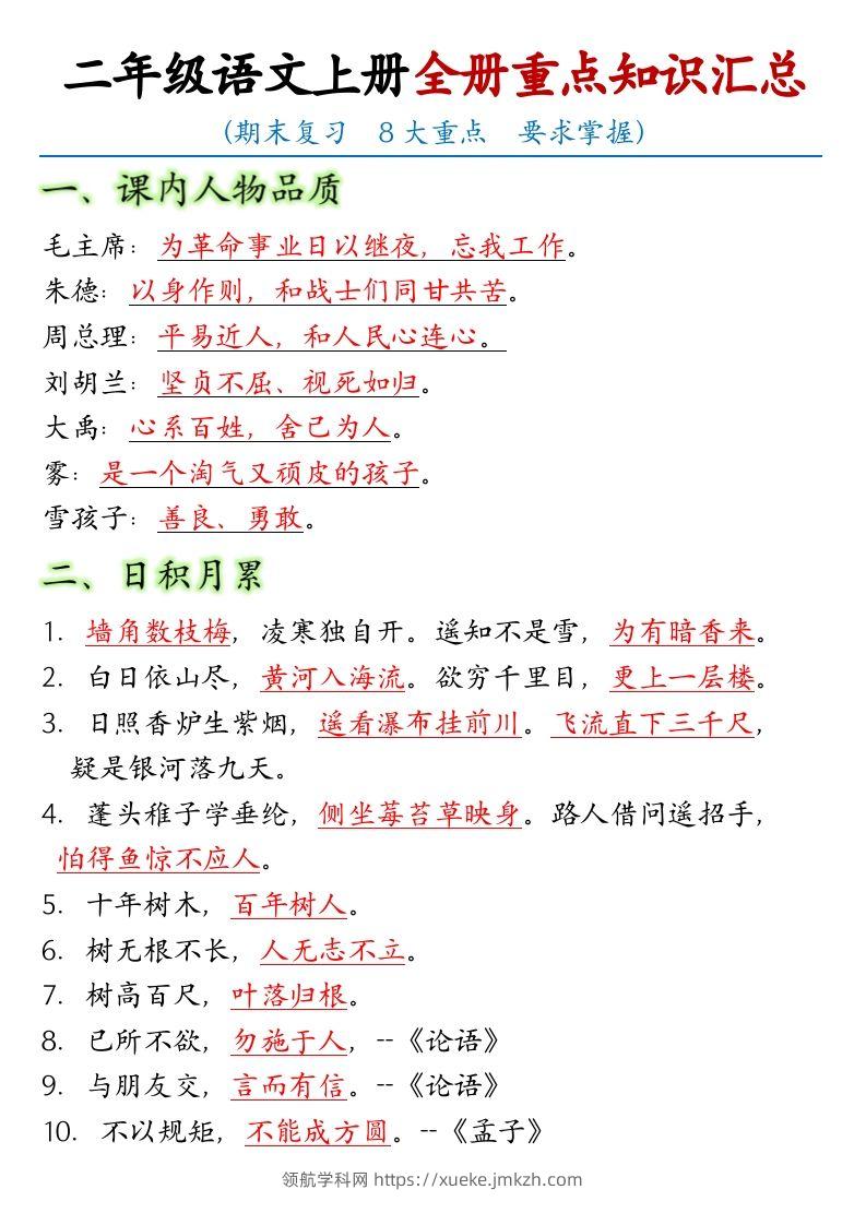 【全册重点考点归纳】二上语文-领航学科网