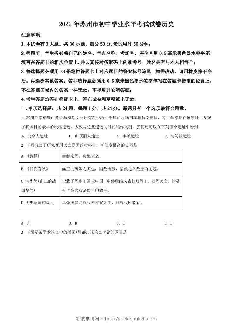2022年江苏省苏州市中考历史真题（空白卷）-领航学科网