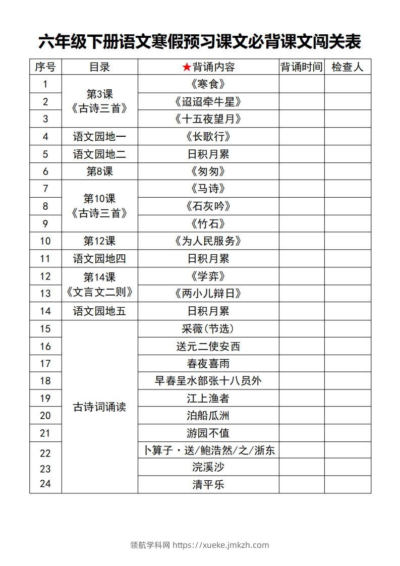 六年级【语文寒假预习】课文必背课文闯关表7页-领航学科网